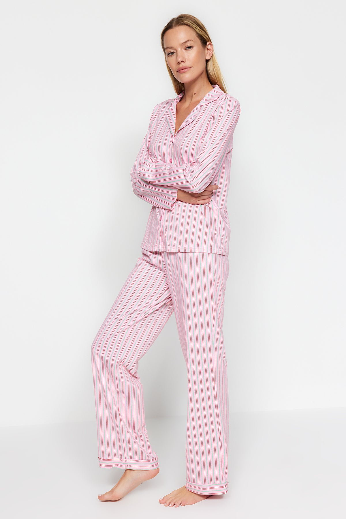 Trendyolmilla Mavi %100 Pamuklu Çizgili Gömlek-Pantolon Örme Pijama Takımı THMAW24PT00144