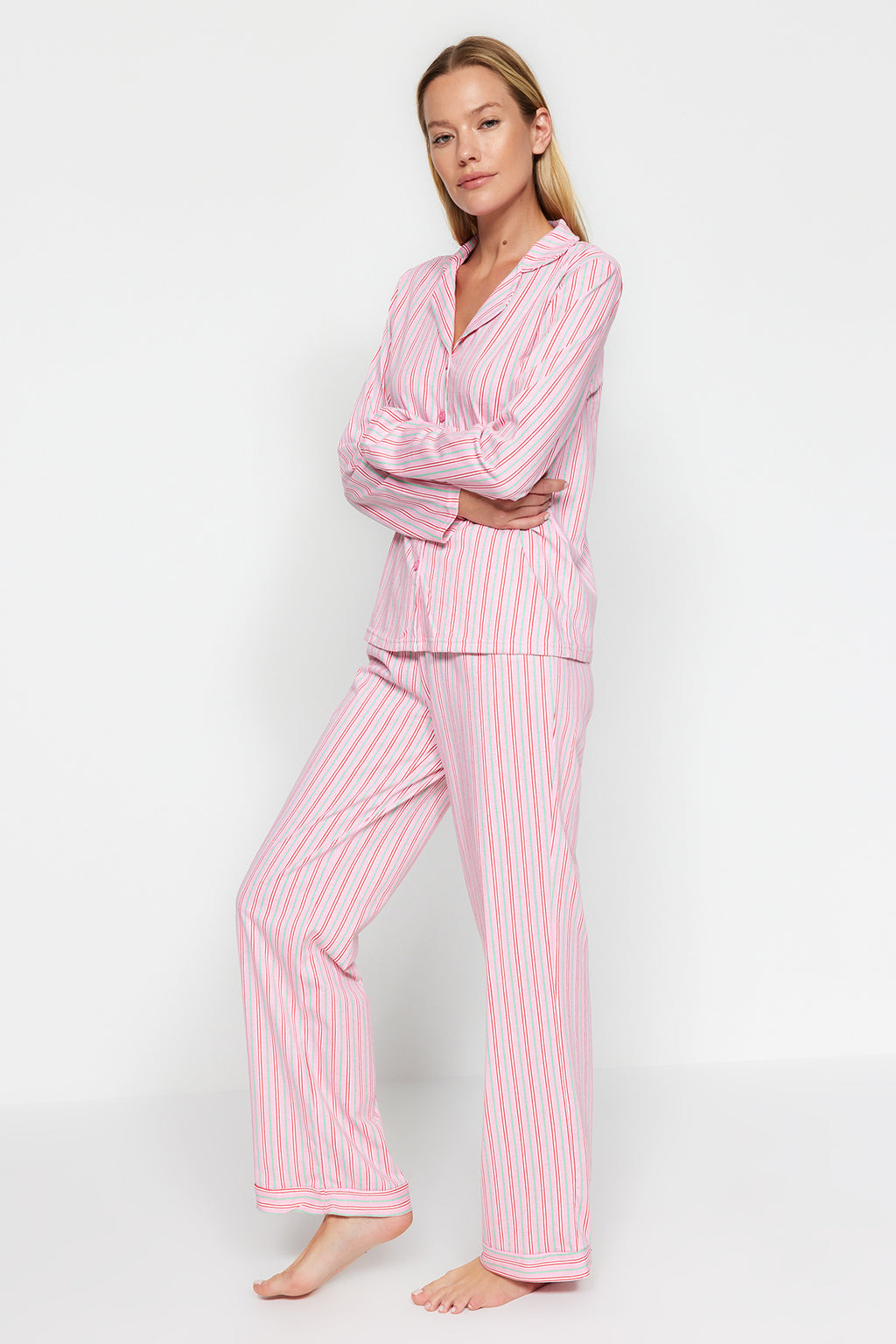 Trendyolmilla Pembe %100 Pamuklu Çizgili Gömlek-Pantolon Örme Pijama Takımı THMAW24PT00144