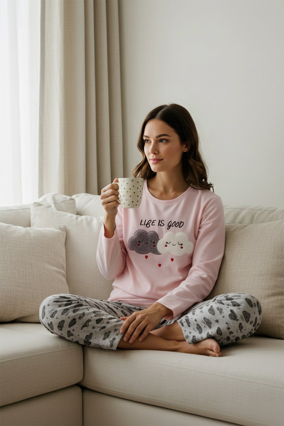 Somon Pamuklu Nakışlı Örme Pijama Takımı THMAW21PT0646 Main image