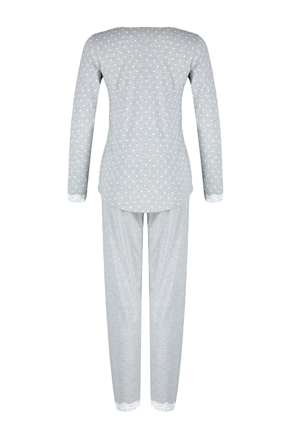 Gri Puantiyeli Dantelli Tshirt-Pantolon Örme Pijama Takımı THMAW24PT00182