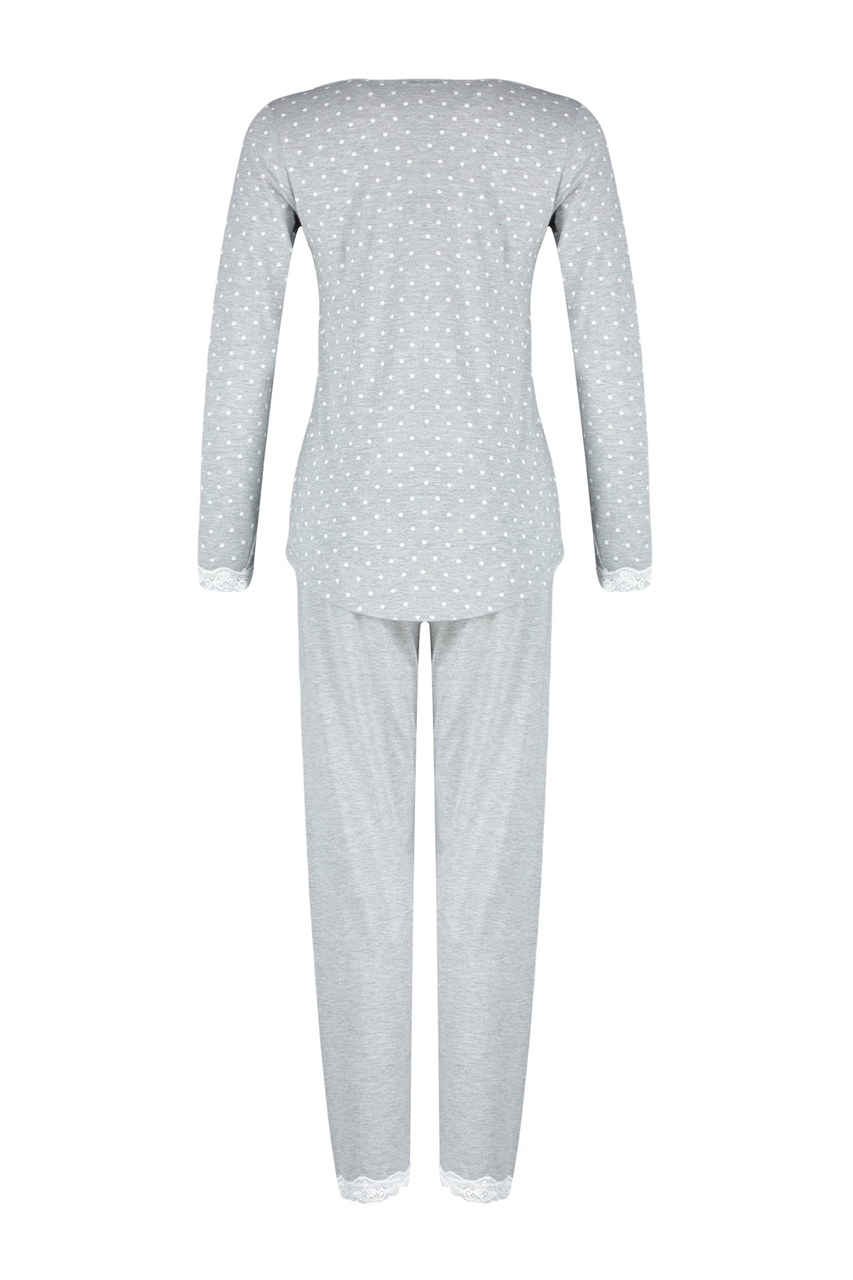 Gri Puantiyeli Dantelli Tshirt-Pantolon Örme Pijama Takımı THMAW24PT00182