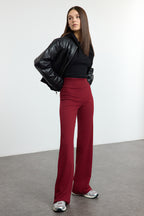 Trendyolmilla Kahverengi Wide Leg/İspanyol Paça Yüksek Bel İnterlok Esnek Örme Pantolon TWOAW25PL00006