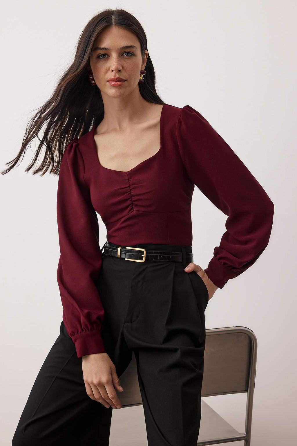 Trendyolmilla Haki Büzgü Detaylı Dokuma Bluz TWOAW23BZ00633 B