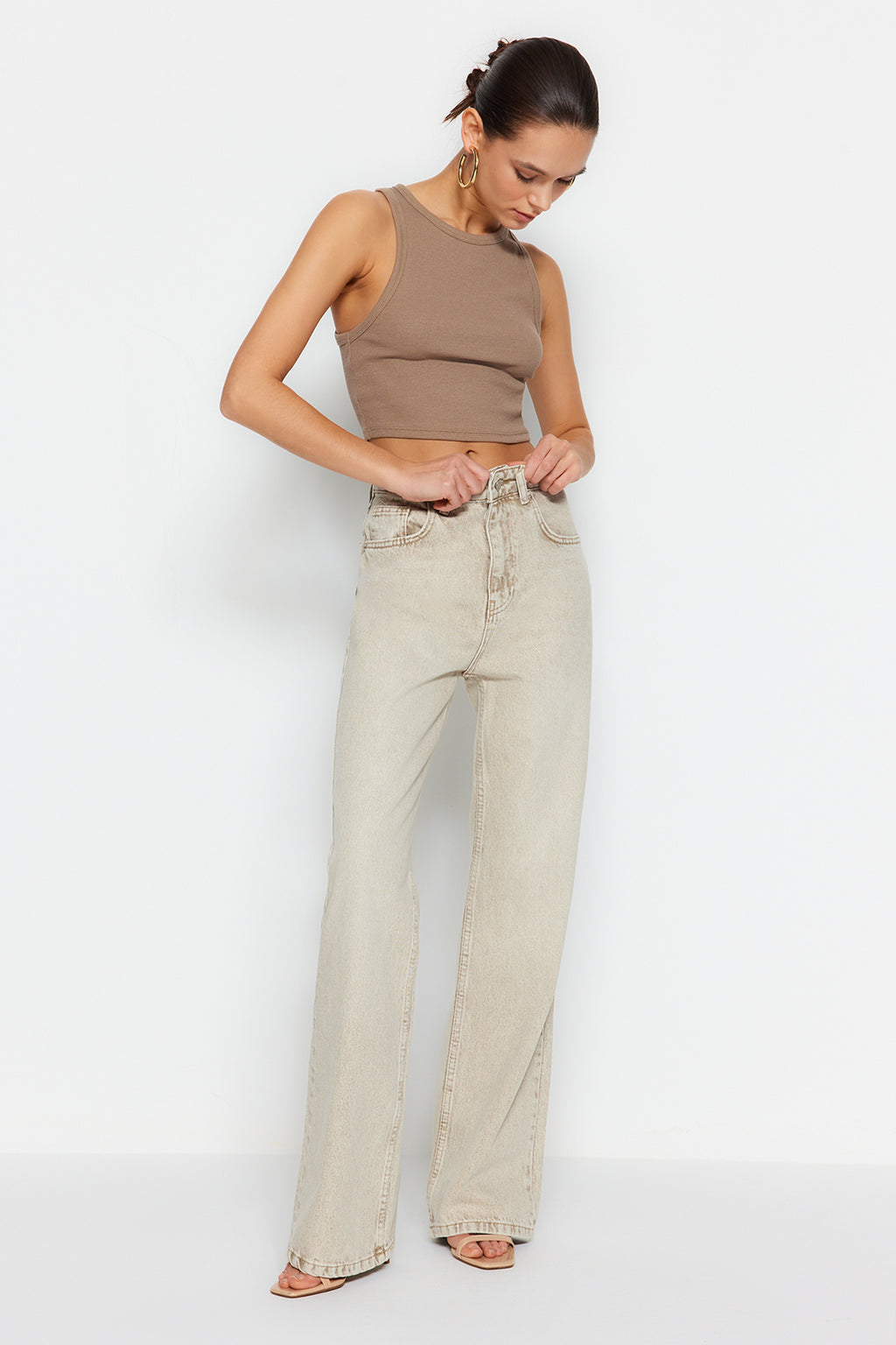 Trendyolmilla Gül Kurusu Normal Bel Wide Leg Jeans TWOSS24JE00011