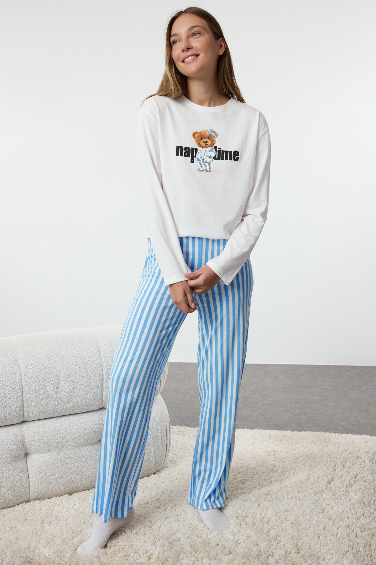 Trendyolmilla Mint %100 Pamuklu Çizgili Ayıcıklı Örme Pijama Takımı THMAW25PT00171