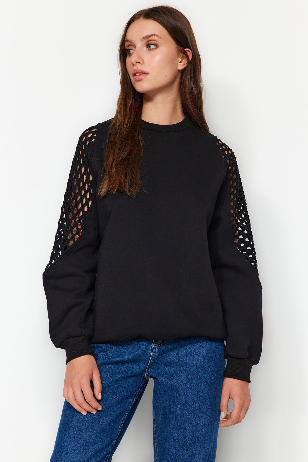 Siyah File Detaylı Kalın İçi Polarlı Regular/Normal Kalıp Örme Sweatshirt TWOAW24SW00134