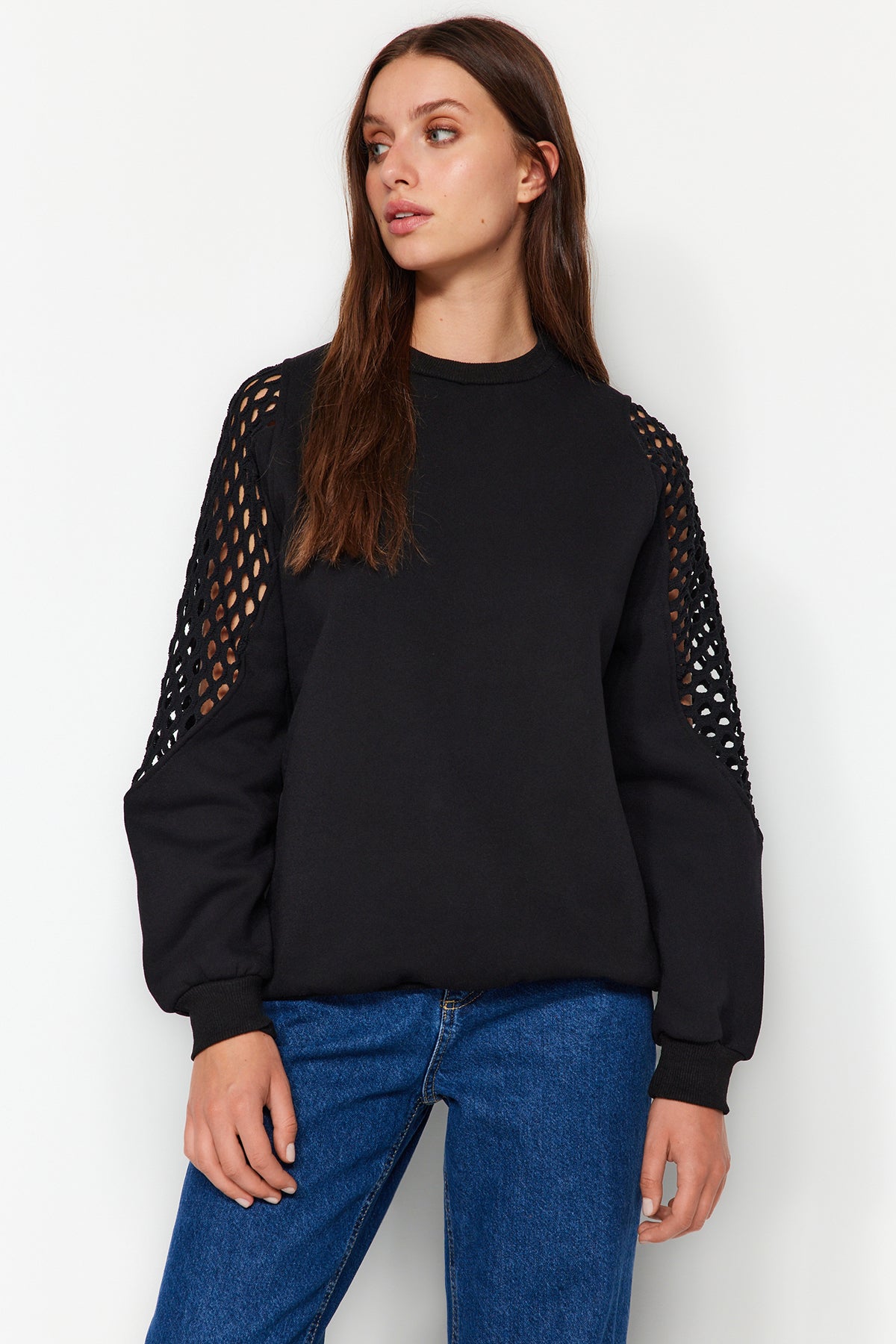 Siyah File Detaylı Kalın İçi Polarlı Regular/Normal Kalıp Örme Sweatshirt TWOAW24SW00134