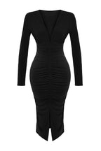 Trendyolmilla Gül Kurusu Düz Büzgülü Midi Drapeli V Yaka Fitted/Vücuda Oturan Esnek Örme Elbise TWOAW24EL00197
