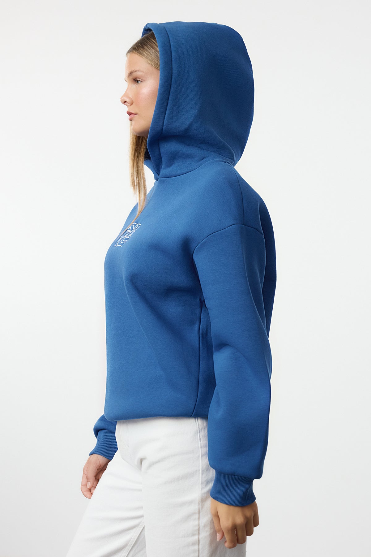 Trendyolmilla Saks Oversize/Geniş Kalıp Nakışlı Kalın İçi Polarlı Örme Sweatshirt TWOAW25SW00070