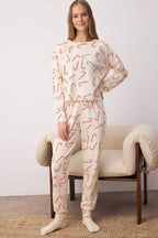 Trendyolmilla Bej %100 Pamuklu Yılbaşı Temalı Örme Pijama Takımı THMAW21PT0771