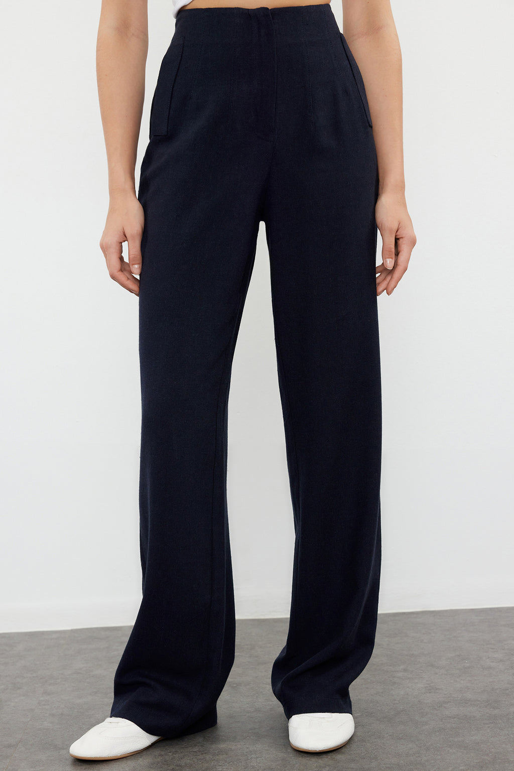 Lacivert Keten GörünümlüWide Leg/Geniş Paça Yüksek Bel Dokuma Pantolon TWOSS24PL00169