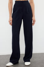 Lacivert Keten GörünümlüWide Leg/Geniş Paça Yüksek Bel Dokuma Pantolon TWOSS24PL00169