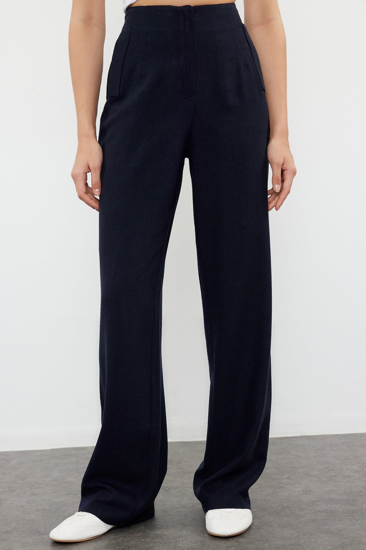 Lacivert Keten GörünümlüWide Leg/Geniş Paça Yüksek Bel Dokuma Pantolon TWOSS24PL00169