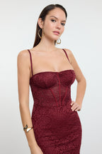 Trendyolmilla Bordo Astarlı Dantel Örme Midi Abiye Gece Mezuniyet Elbisesi TPRAW25EL00120