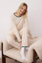 Ekru %100 Pamuklu Çiçekli Dantel Detaylı Fitilli/Pointel Örme Pijama Takımı THMAW26PT00207