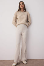 Bej Fırçalı Pointel Yüksek Bel Esnek Örme Pantolon TWOAW26PL00026