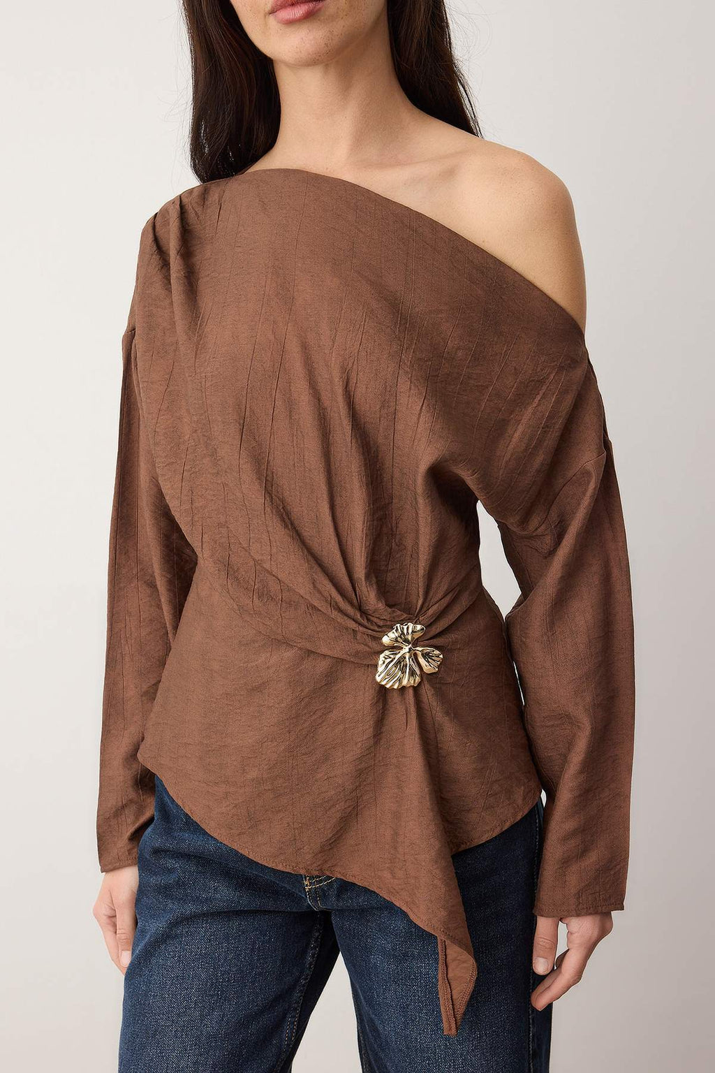 Trendyolmilla Ördek Başı Yeşili Aksesuar Detaylı Düşük Omuz Dokuma Bluz TWOAW26BZ00280