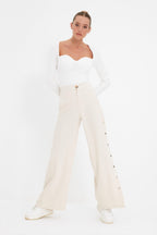 Trendyolmilla Taş Wide Leg/Geniş Paça Yanları Düğmeli Dokuma Kumaş Pantolon TWOSS20PL0398