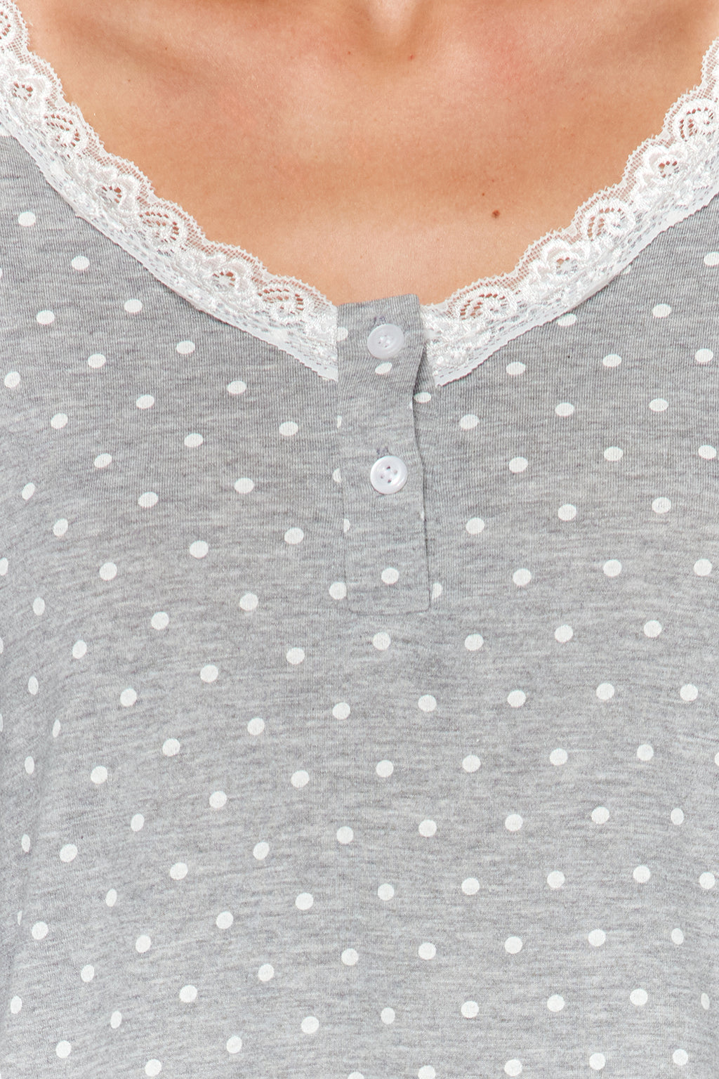 Gri Puantiyeli Dantelli Tshirt-Pantolon Örme Pijama Takımı THMAW24PT00182