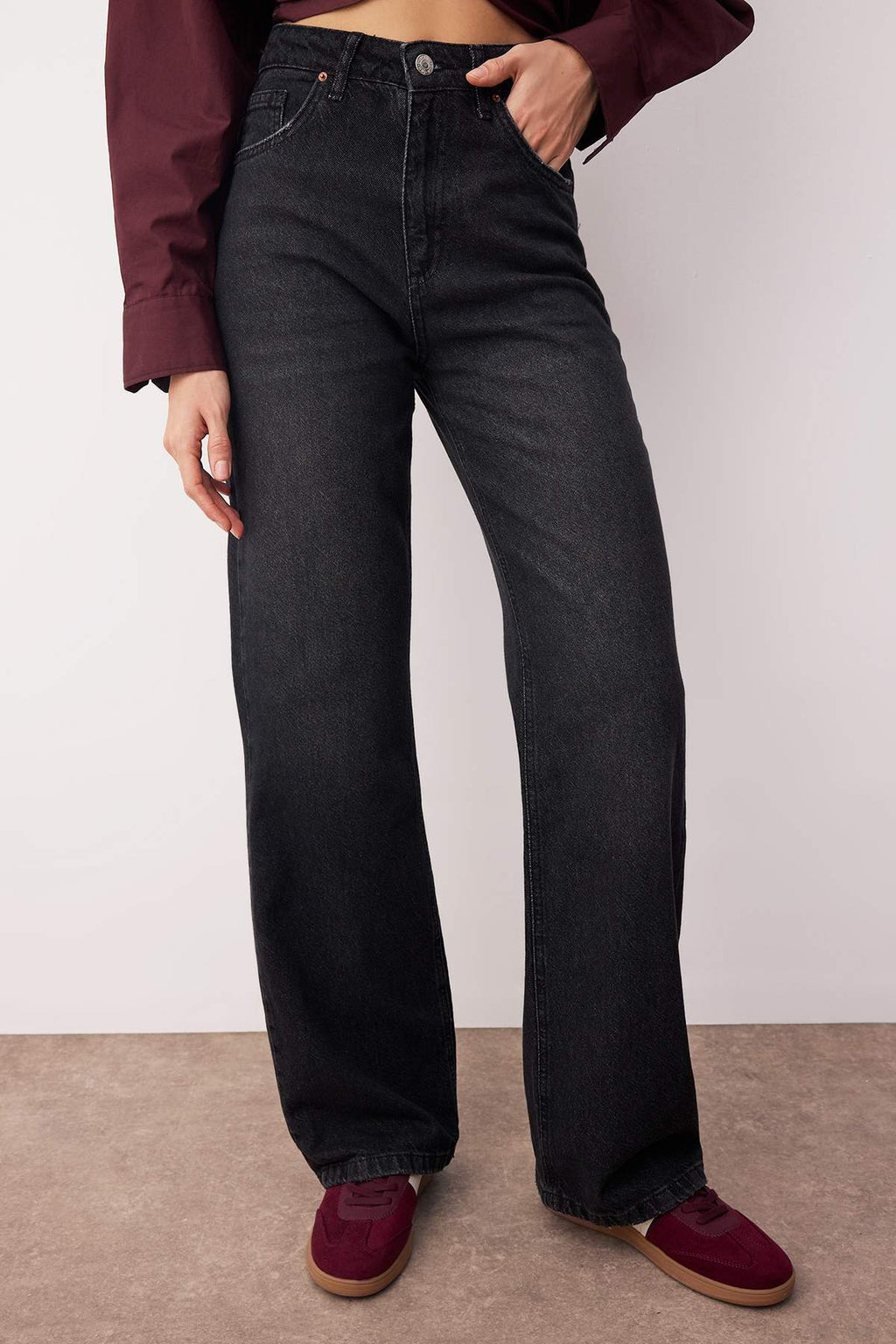 Siyah Yüksek Bel Wide Leg Geniş Paça %100 Pamuk Non-Stretch Jeans TWOAW24JE00073