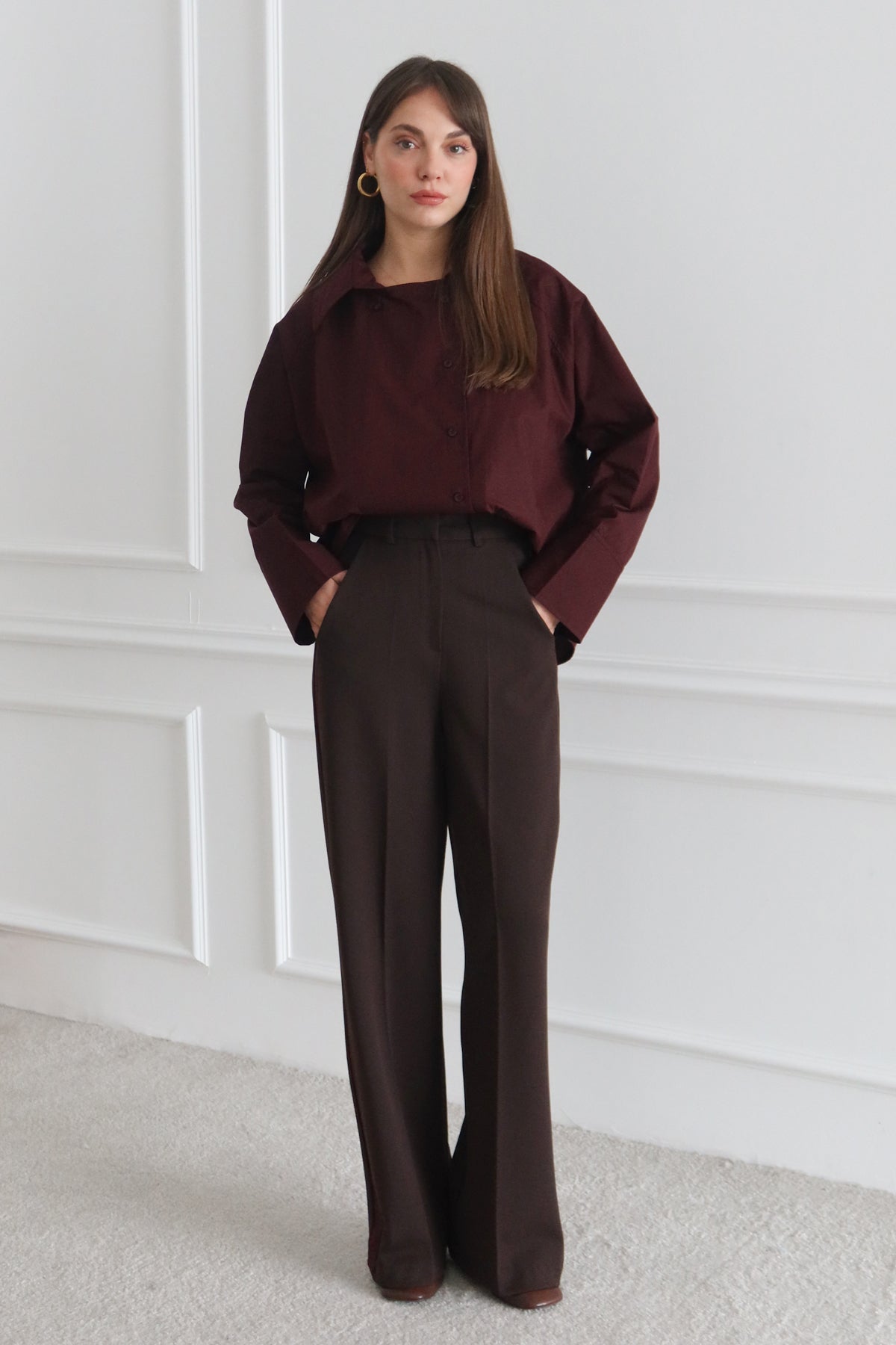 Trendyolmilla Kahverengi Bordo Çizgili Kalın Tuşeli/Kışlık Dokuma Pantolon TWOSS26PL00013