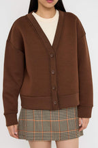 Kahverengi Oversize/Geniş Kalıp V yaka Full Düğme Kapama Kalın Esnek Örme Sweatshirt TWOAW26SW00013