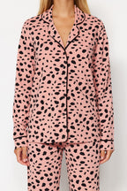 Trendyolmilla Pudra %100 Pamuklu Leopar Desenli Gömlek-Pantolon Örme Pijama Takımı THMAW21PT0489