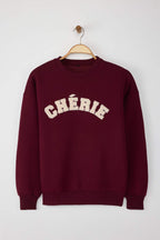 Trendyolmilla Bordo Kalın İçi Polarlı Oversize/Rahat Kesim Slogan Nakışlı Örme Sweatshirt TWOAW25SW00030