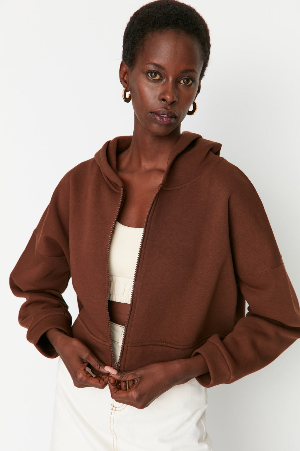 Trendyolmilla Petrol Fermuarlı Kapüşonlu Rahat Kesim Crop Kalın İçi Polarlı Örme Sweatshirt TWOAW20SW0660