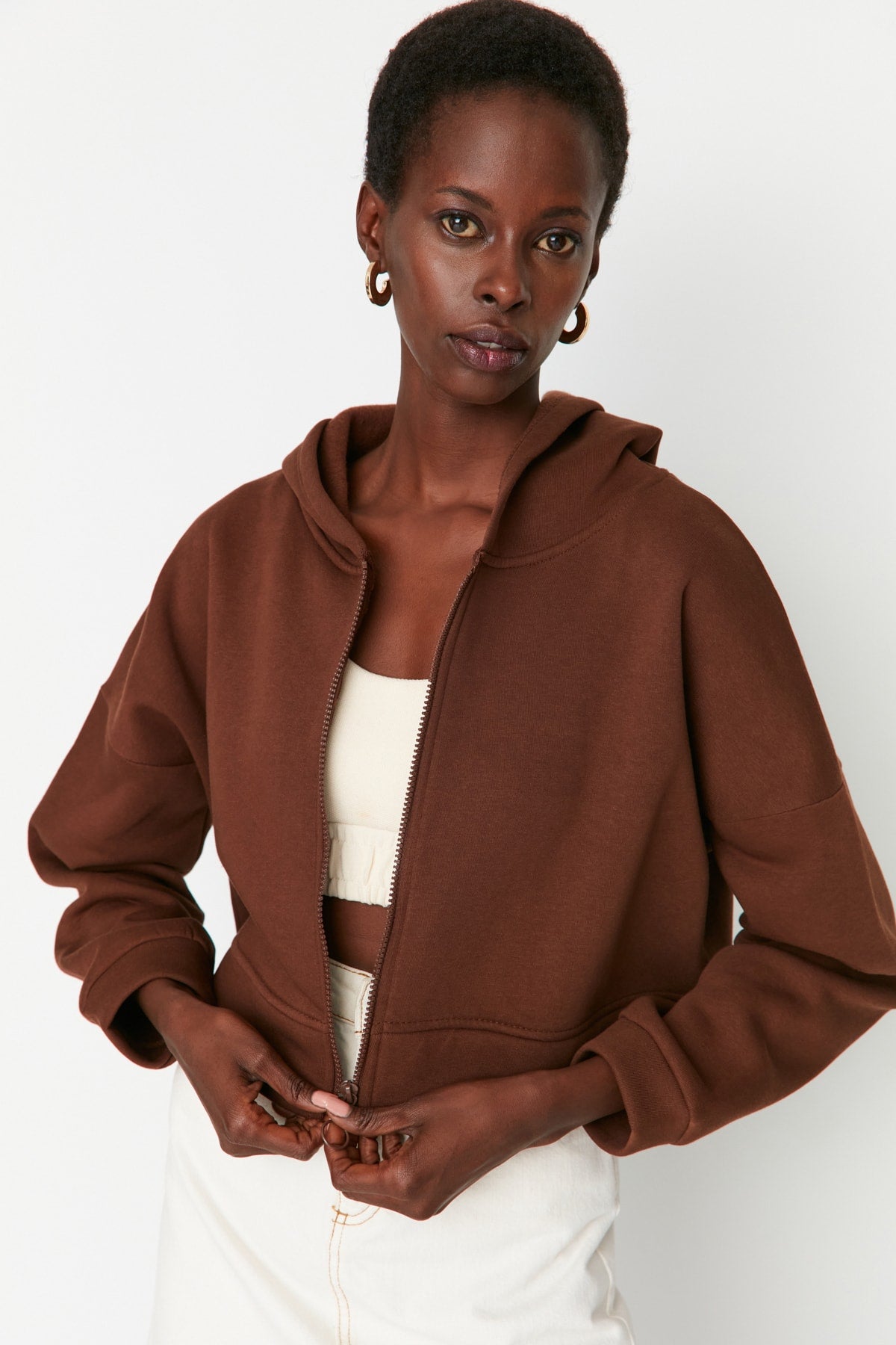 Trendyolmilla Petrol Fermuarlı Kapüşonlu Rahat Kesim Crop Kalın İçi Polarlı Örme Sweatshirt TWOAW20SW0660