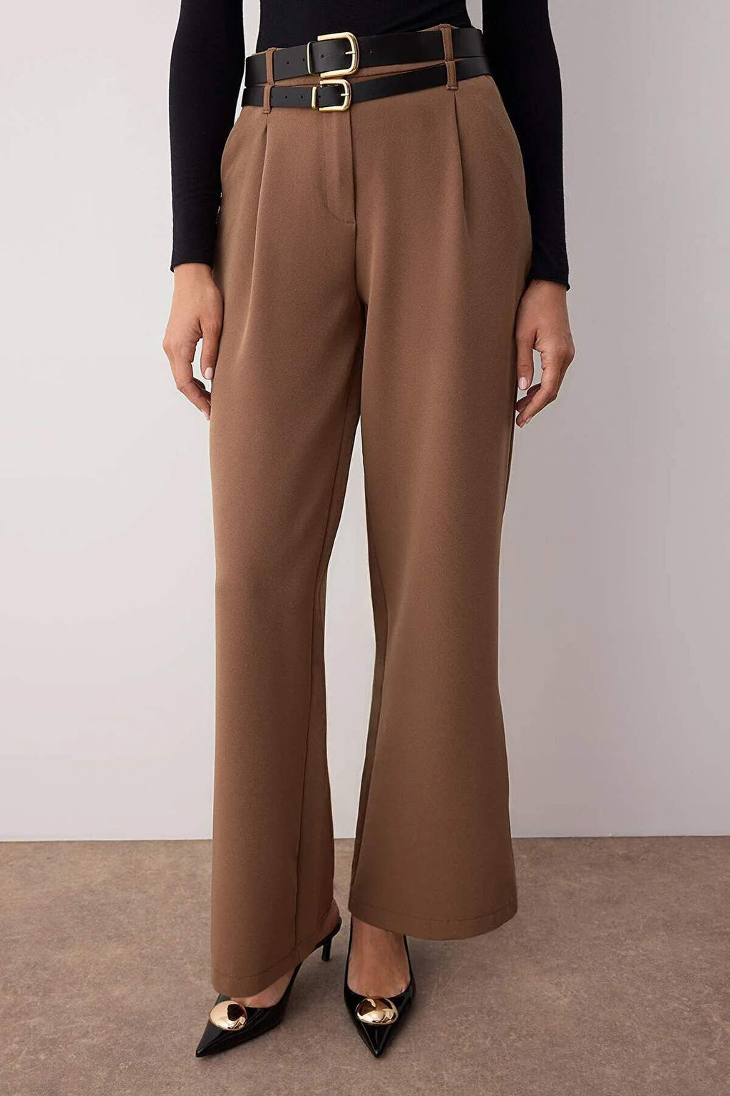 Vizon Çift Kemer Detaylı Wide Leg/Geniş Paça Pantolon TWOAW26PL00013