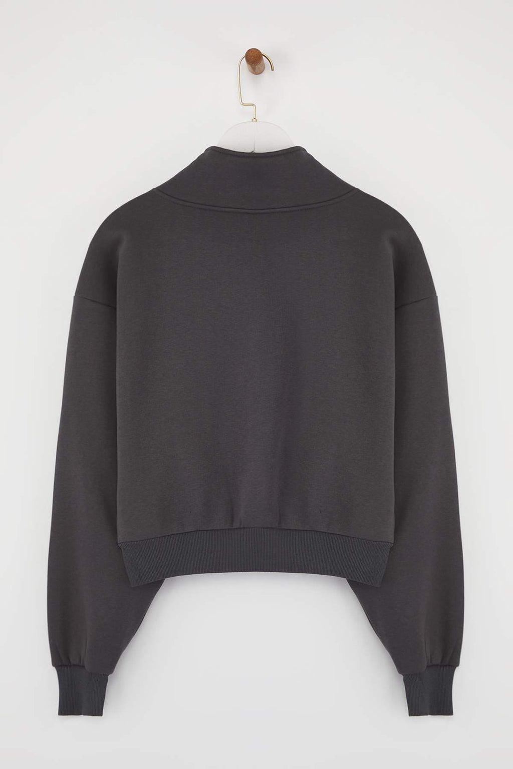 Trendyolmilla Siyah Rahat Kesim Crop Basic Fermuarlı Dik Yaka Kalın İçi Polarlı Örme Sweatshirt TWOAW24SW00221