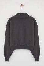 Trendyolmilla Siyah Rahat Kesim Crop Basic Fermuarlı Dik Yaka Kalın İçi Polarlı Örme Sweatshirt TWOAW24SW00221