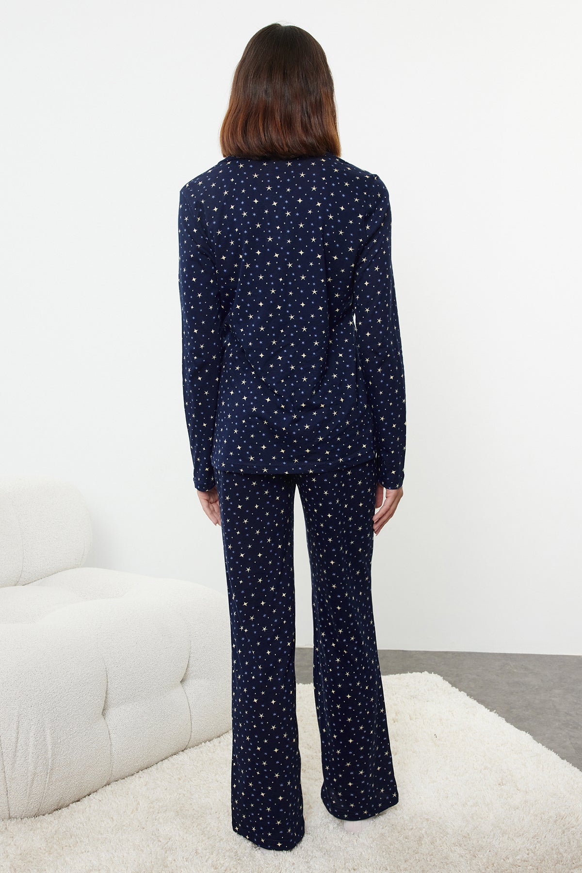 Trendyolmilla Lacivert %100 Pamuklu Galaksi Desenli Örme Pijama Takımı THMAW25PT00097