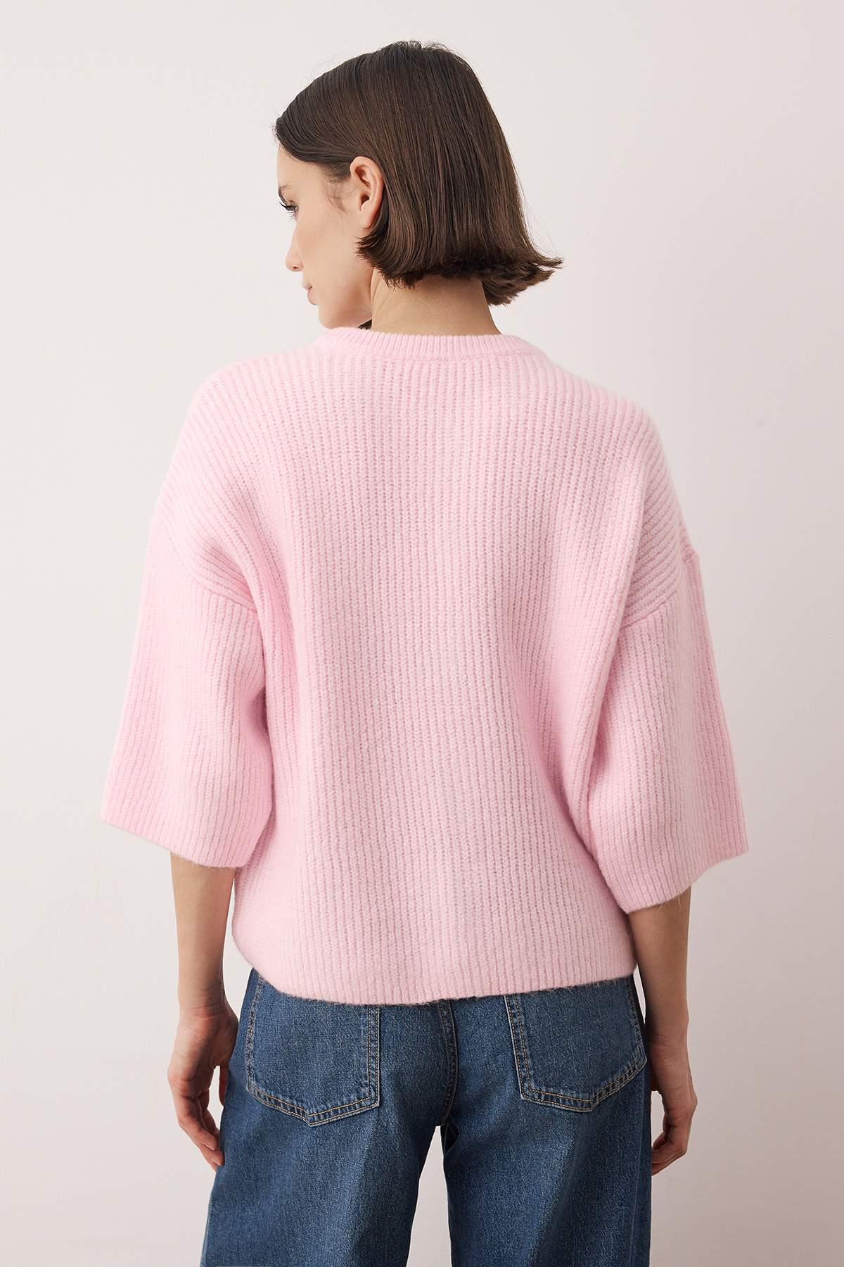 Trendyolmilla Wardrobe Essentials Vizon Yumuşak Dokulu Geniş Kalıp Kısa Kol Basic Triko Hırka | TWOAW26HI00251