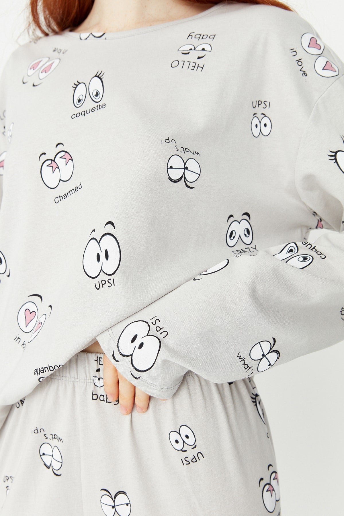 Trendyolmilla Tarçın %100 Pamuklu Göz Desenli T-shirt-Jogger Örme Pijama Takımı THMAW22PT0270