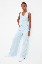 Trendyolmilla Açık Mavi Wide Leg/Geniş Paça Pilili Dokuma Kumaş Pantolon TWOSS21PL0189
