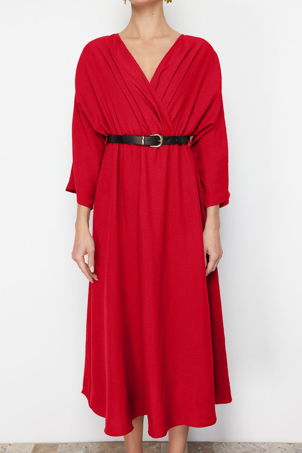 Trendyolmilla Kahverengi Kemerli A-line Kruvaze Yakalı Aerobin Boho Midi Dokuma Elbise TWOSS24EL00992