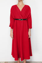 Trendyolmilla Kahverengi Kemerli A-line Kruvaze Yakalı Aerobin Boho Midi Dokuma Elbise TWOSS24EL00992