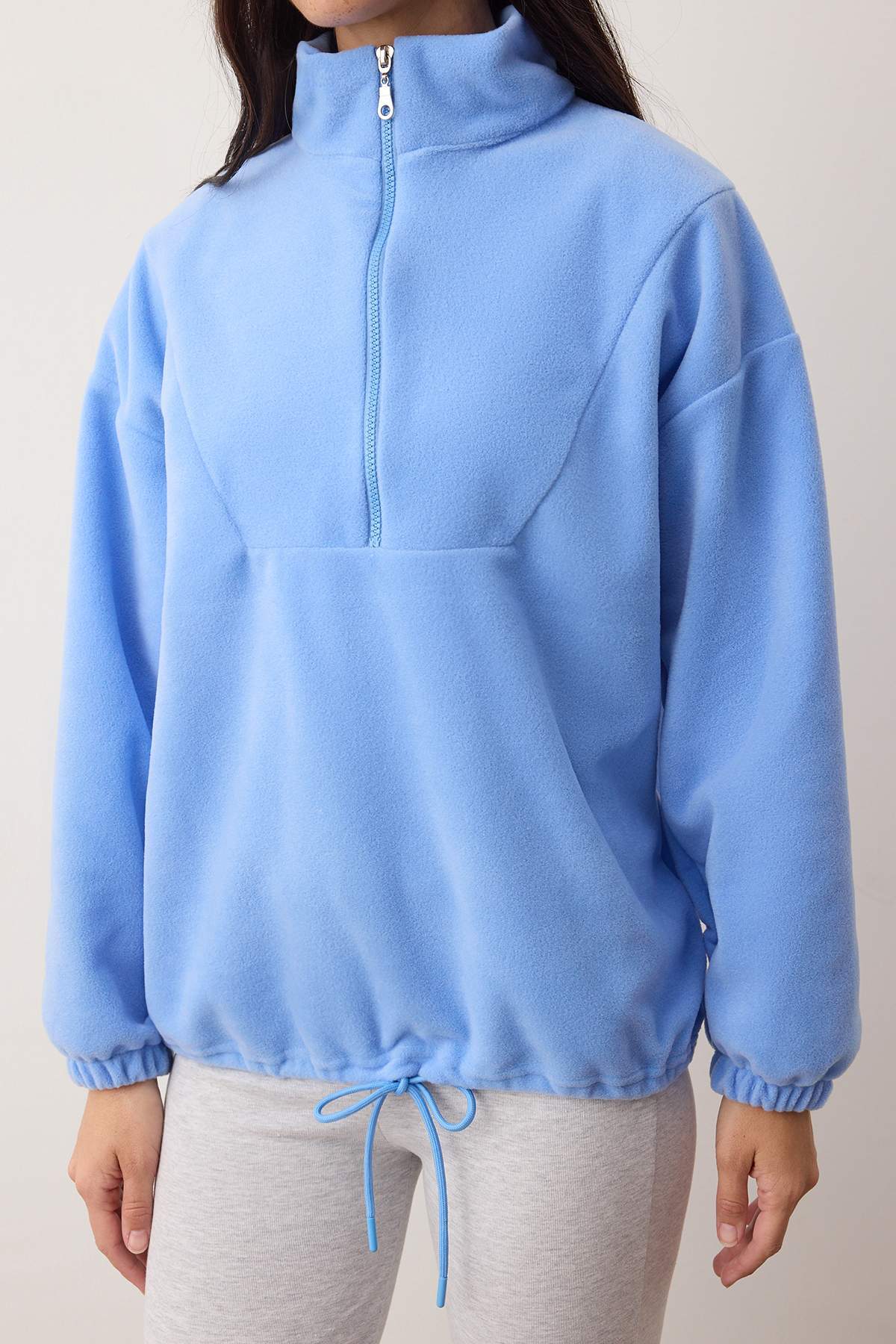 Trendyolmilla Açık Mavi  Fermuarlı Dik Yaka Polar Regular/Normal Kesim Örme Sweatshirt TWOAW21SW0758