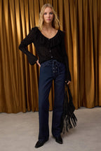 Özel Koleksiyon Koyu Mavi Kuş Gözü Bağlama Detaylı Yüksek Bel Wide Leg Jeans TWOAW26JE00042
