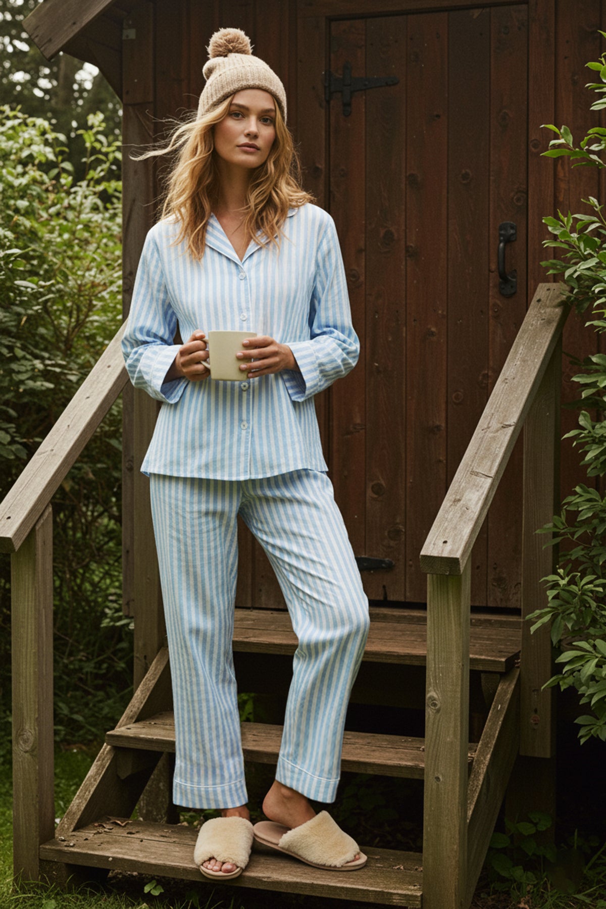 Trendyolmilla Mavi Çizgi Desenli Biyeli İçi Polarlı Gömlek-Pantolon Örme Pijama Takımı THMAW24PT00050