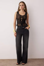 Trendyolmilla Siyah Astarsız Tül Dantel Şeritli Büzgü Detaylı Tül Party Bluz TPRSS25BZ00052