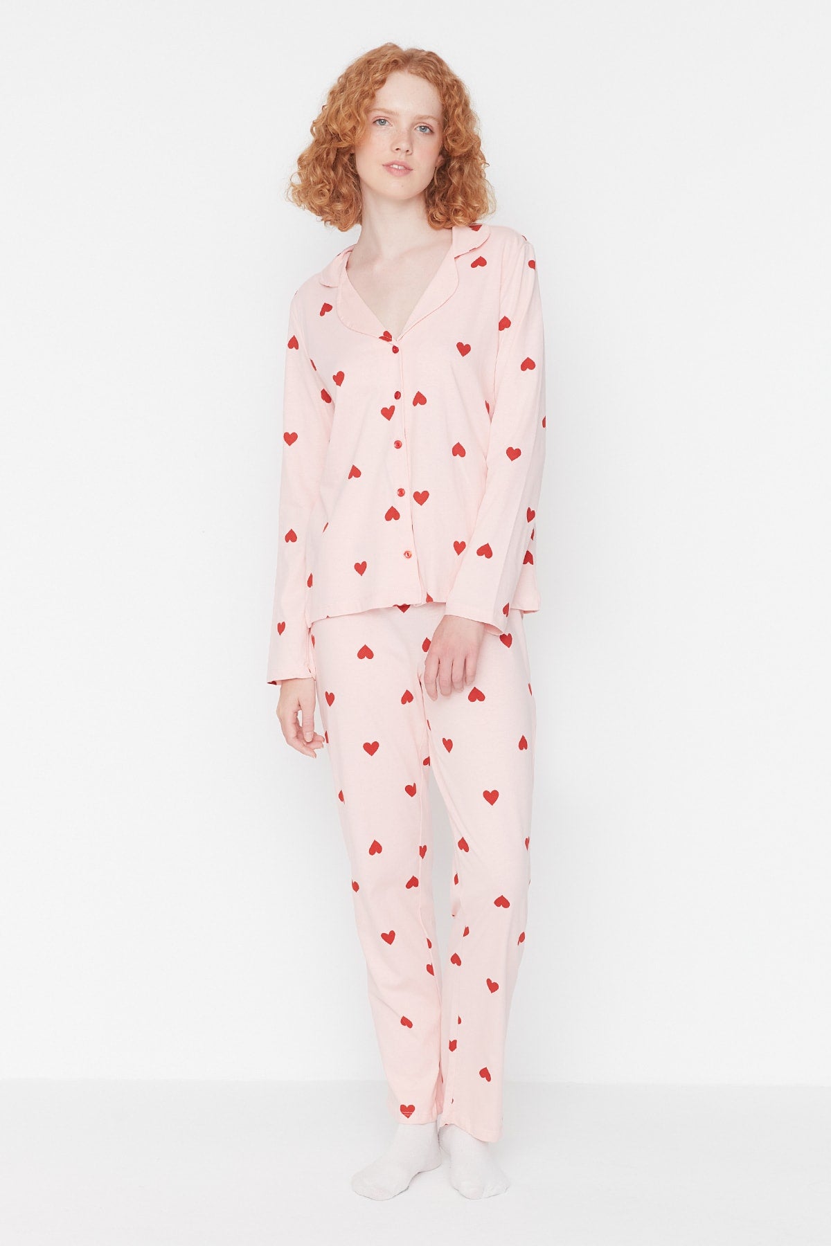 Trendyolmilla Kırmızı %100 Pamuklu Kalpli Örme Pijama Takımı THMAW21PT0548