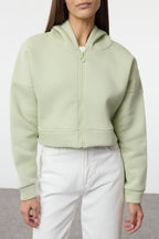 Trendyolmilla Açık Sarı Fermuarlı Kapüşonlu Rahat Kesim Crop Kalın İçi Polarlı Örme Sweatshirt TWOAW20SW0660