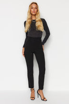 Siyah Toparlayıcı Yüksek Bel Nervürlü Beli Lastikli Slim Fit Kalın Örme Pantolon TWOAW24PL00114