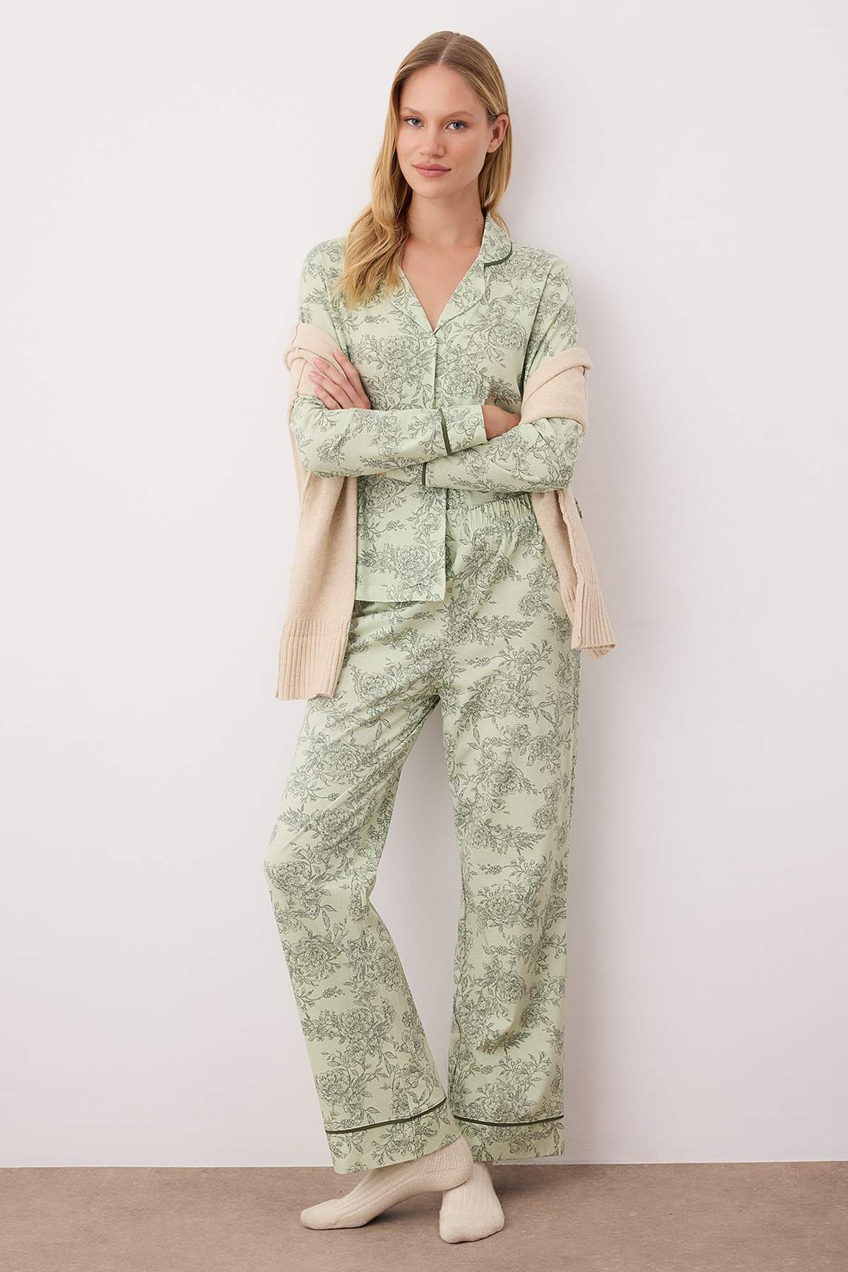 Yeşil %100 Pamuklu Çiçekli Gömlek Yaka Biyeli Örme Pijama Takımı THMAW26PT00152