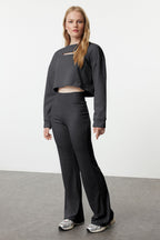 Trendyolmilla Kahverengi Wide Leg/İspanyol Paça Yüksek Bel İnterlok Esnek Örme Pantolon TWOAW25PL00006