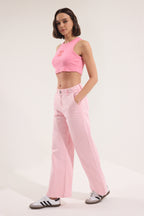 Trendyolmilla Pembe Düğme Detaylı Yüksek Bel Comfort/Esnek Wide Leg Jeans TWOSS25JE00183