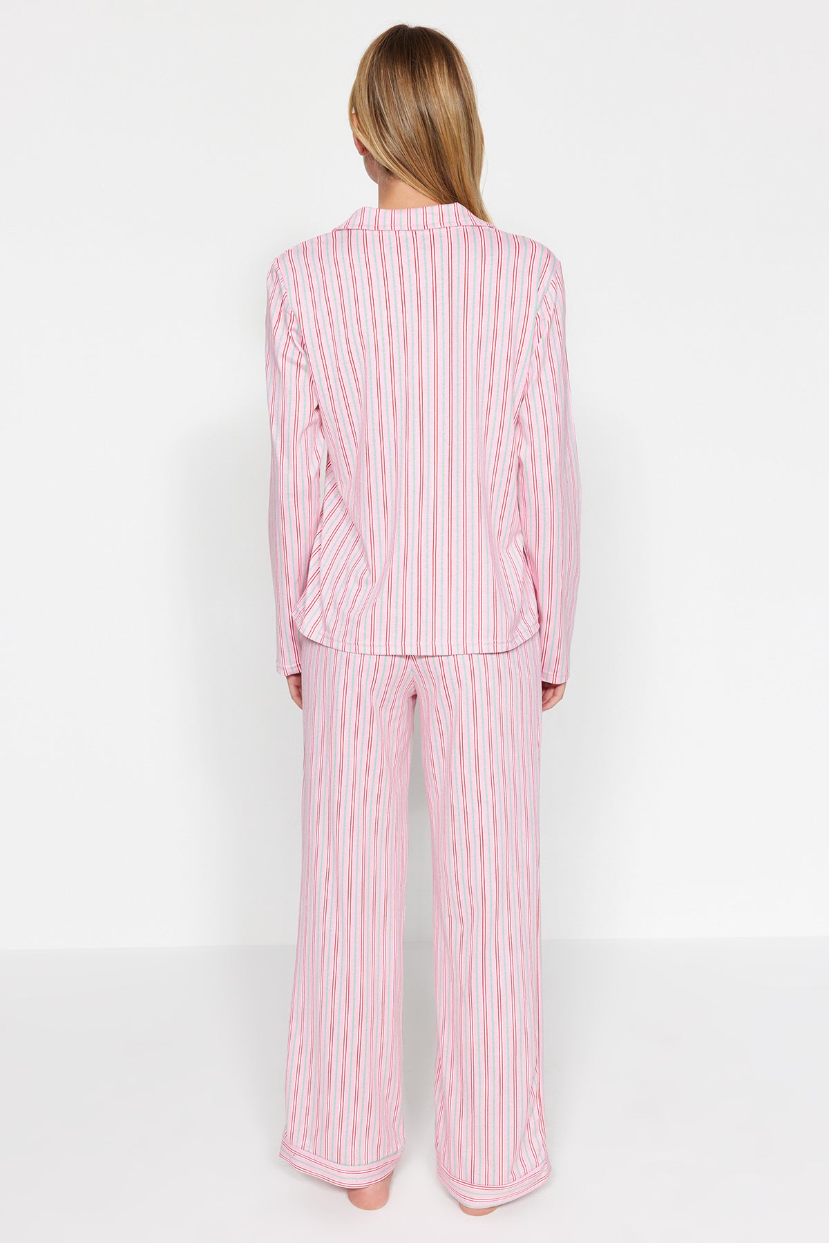 Trendyolmilla Pembe %100 Pamuklu Çizgili Gömlek-Pantolon Örme Pijama Takımı THMAW24PT00144